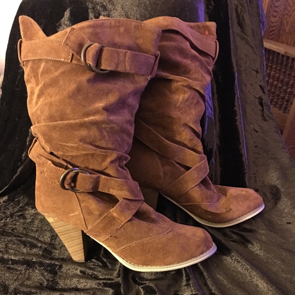 Brown calf high boots with faux wood heel size 7